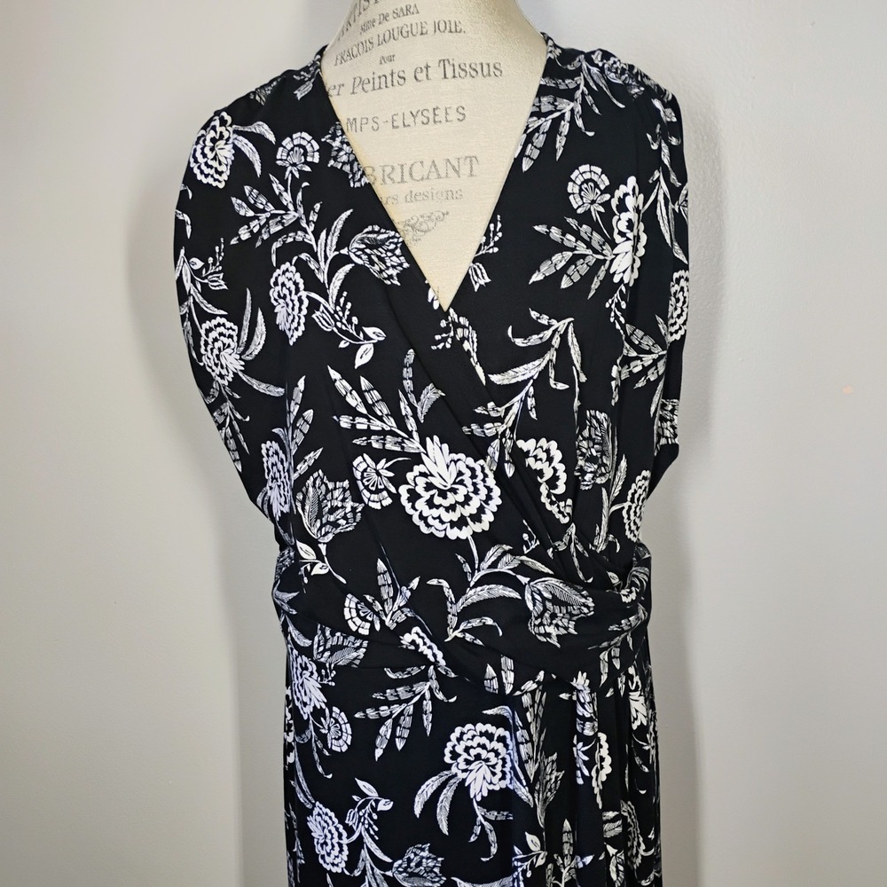 Lands End Maxi Dress Womens 2X Black White Floral Faux Wrap Ruched Pima Cotton - Picture 2 of 11